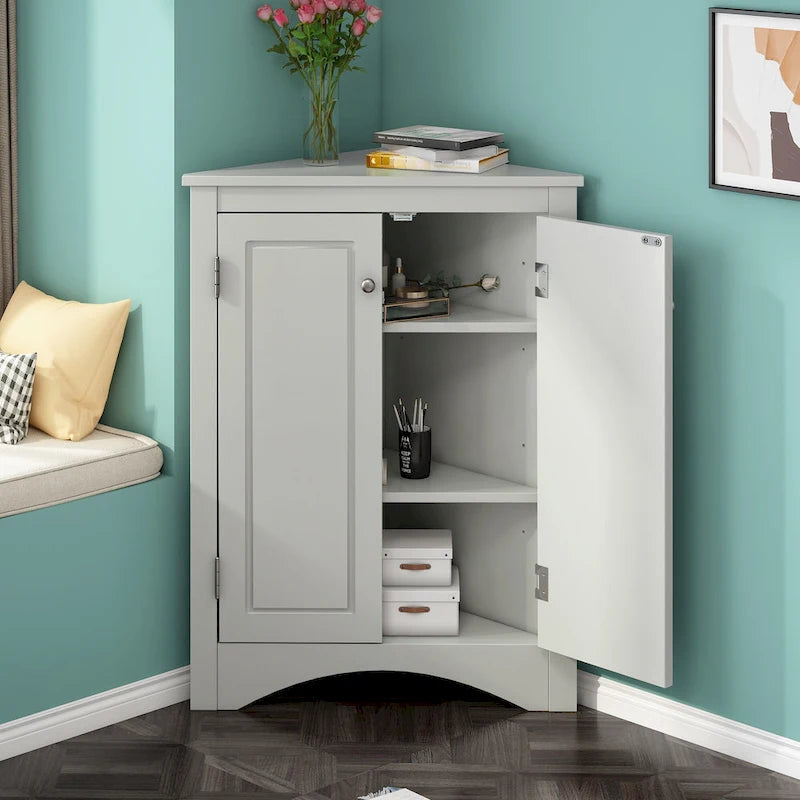 Meuble d'angle triangulaire avec portes et étagères réglables – Chêne / Blanc / Bleu / Cappuccino / Marron / Argent, 1 personne