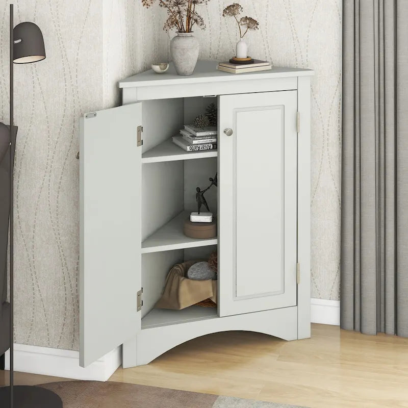 Meuble d'angle triangulaire avec portes et étagères réglables – Chêne / Blanc / Bleu / Cappuccino / Marron / Argent, 1 personne