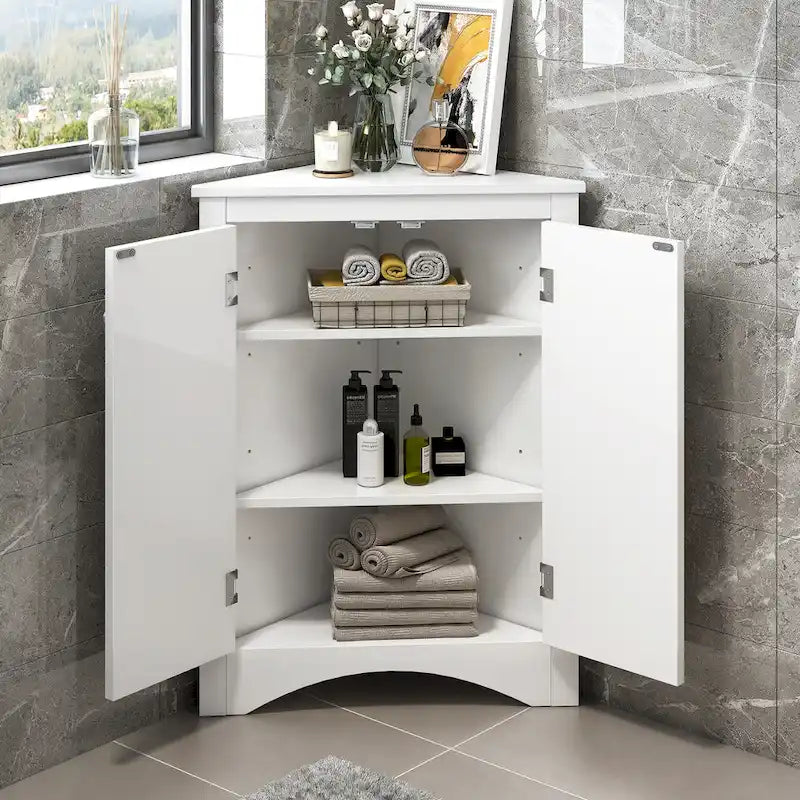 Meuble d'angle triangulaire avec portes et étagères réglables – Chêne / Blanc / Bleu / Cappuccino / Marron / Argent, 1 personne