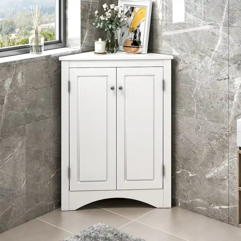 Meuble d'angle triangulaire avec portes et étagères réglables – Chêne / Blanc / Bleu / Cappuccino / Marron / Argent, 1 personne