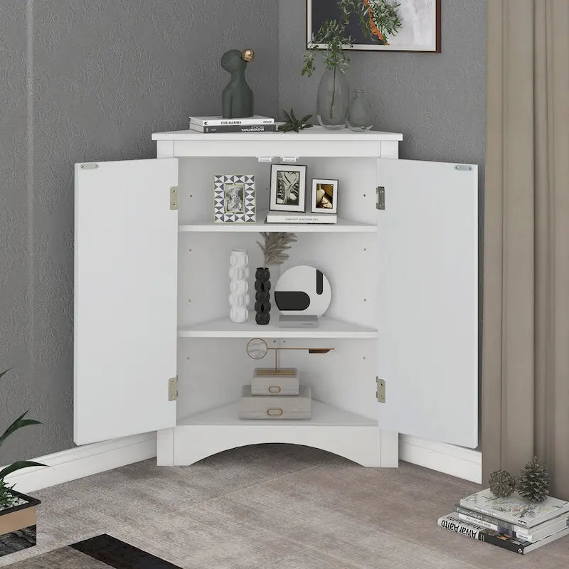 Meuble d'angle triangulaire avec portes et étagères réglables – Chêne / Blanc / Bleu / Cappuccino / Marron / Argent, 1 personne
