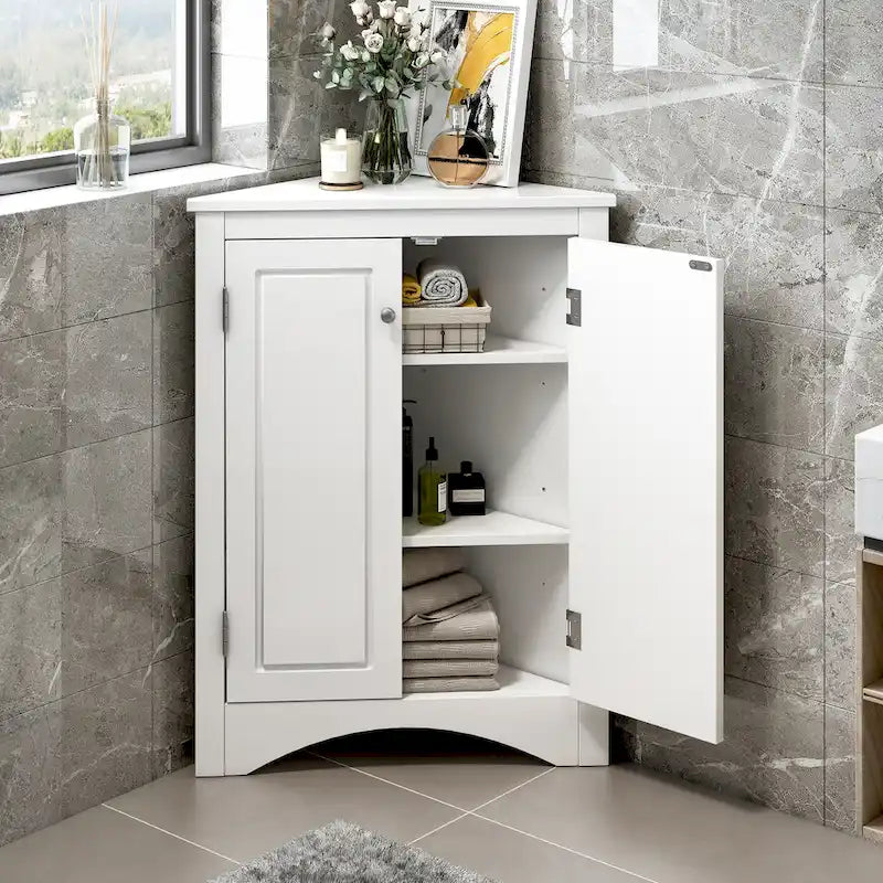 Meuble d'angle triangulaire avec portes et étagères réglables – Chêne / Blanc / Bleu / Cappuccino / Marron / Argent, 1 personne