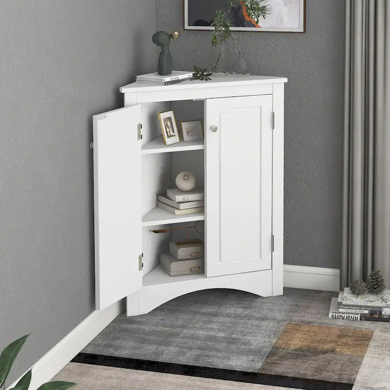 Meuble d'angle triangulaire avec portes et étagères réglables – Chêne / Blanc / Bleu / Cappuccino / Marron / Argent, 1 personne