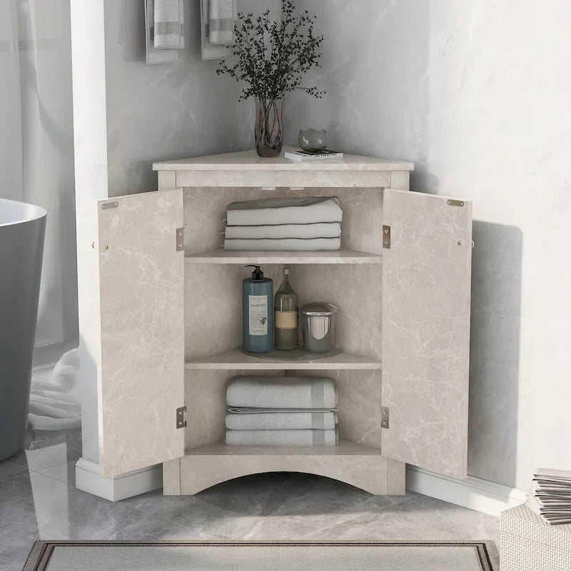 Meuble d'angle triangulaire avec portes et étagères réglables – Chêne / Blanc / Bleu / Cappuccino / Marron / Argent, 1 personne