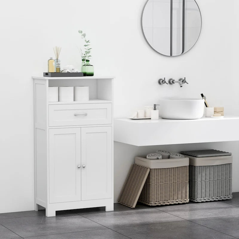 Meuble bas sur pied blanc/gris/marron avec tiroir et étagère réglable, 1 personne