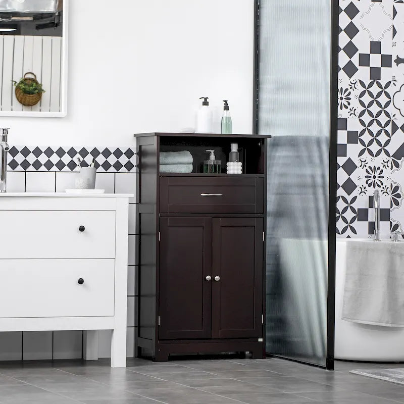 Meuble bas sur pied blanc/gris/marron avec tiroir et étagère réglable, 1 personne