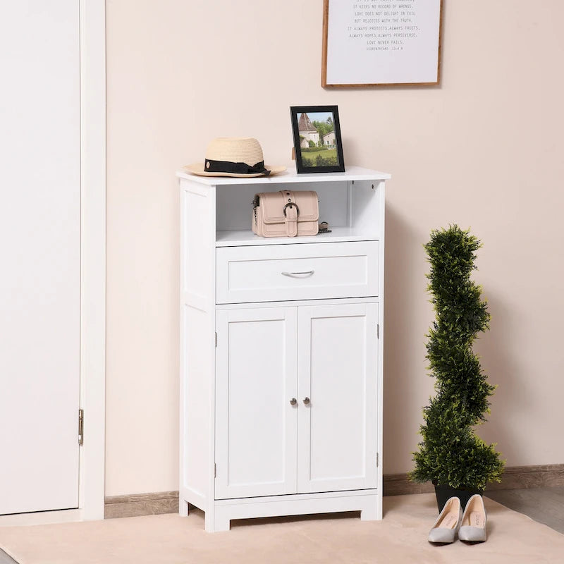 Meuble bas sur pied blanc/gris/marron avec tiroir et étagère réglable, 1 personne