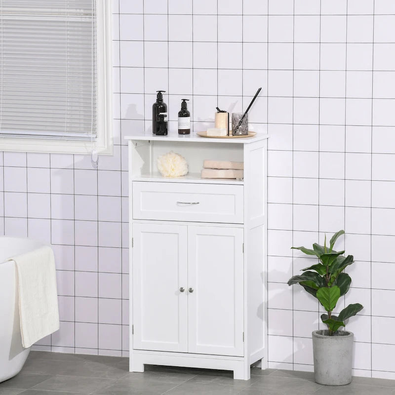 Meuble bas sur pied blanc/gris/marron avec tiroir et étagère réglable, 1 personne