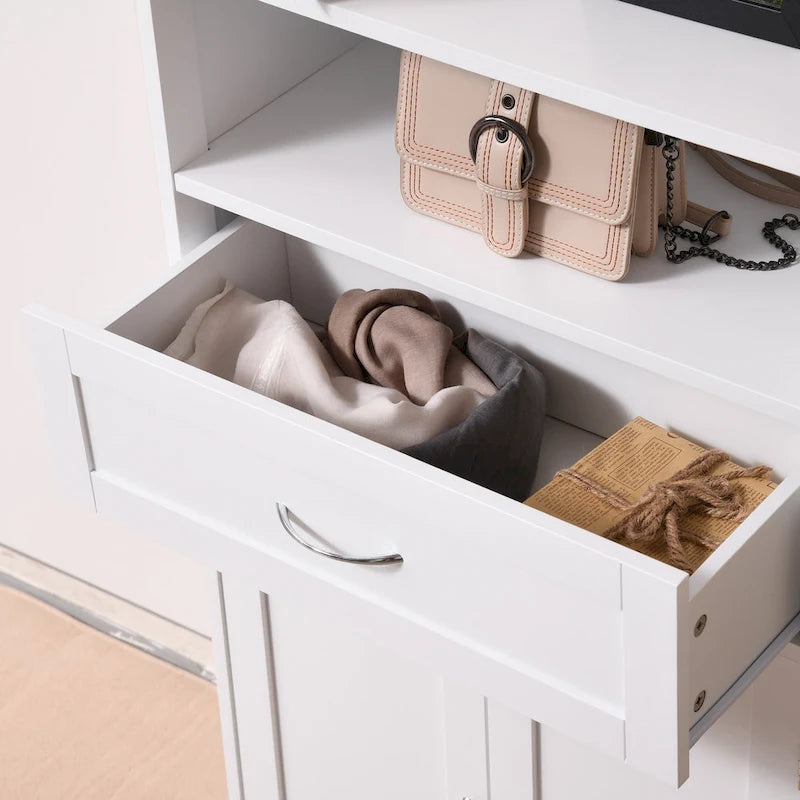 Meuble bas sur pied blanc/gris/marron avec tiroir et étagère réglable, 1 personne