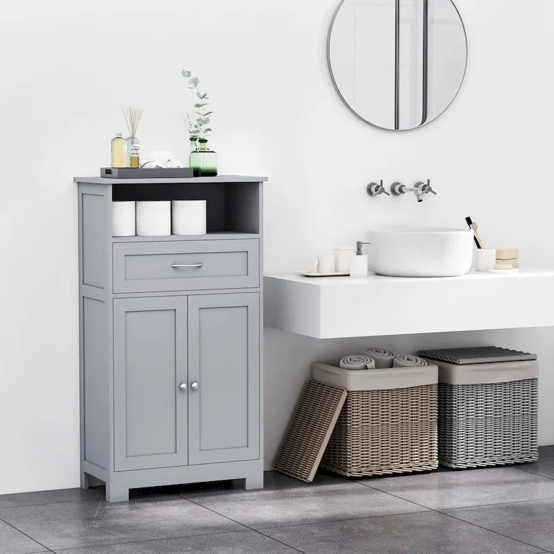 Meuble bas sur pied blanc/gris/marron avec tiroir et étagère réglable, 1 personne