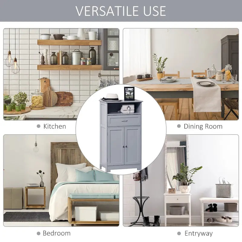 Meuble bas sur pied blanc/gris/marron avec tiroir et étagère réglable, 1 personne