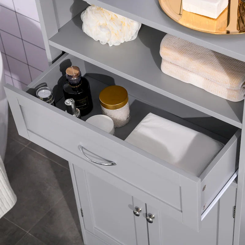 Meuble bas sur pied blanc/gris/marron avec tiroir et étagère réglable, 1 personne