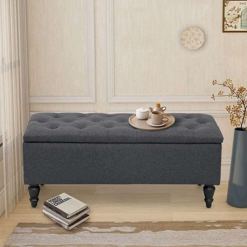 Banc de rangement capitonné à rabat, bleu denim / beige / havane / gris, 1 place