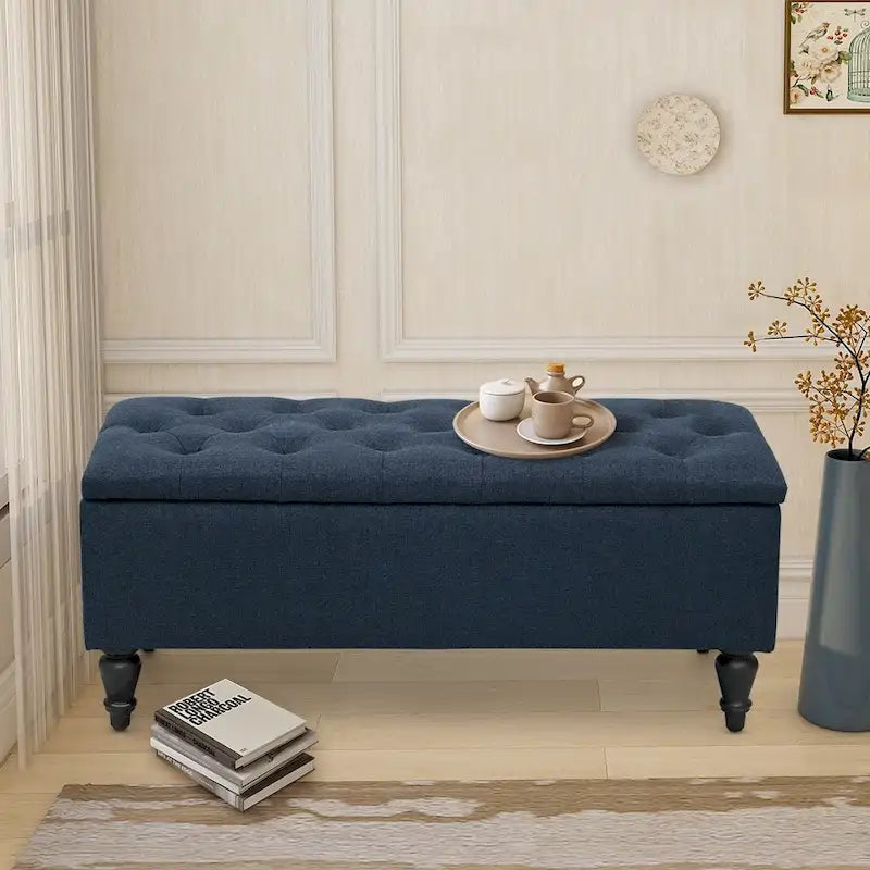Banc de rangement capitonné à rabat, bleu denim / beige / havane / gris, 1 place
