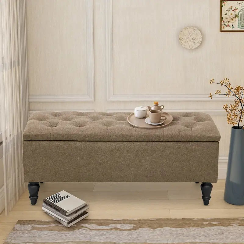 Banc de rangement capitonné à rabat, bleu denim / beige / havane / gris, 1 place