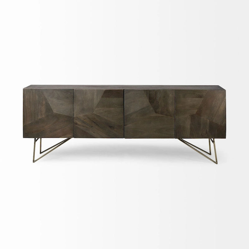 Bahut en bois massif marron 4 portes, pieds en métal doré – 203,5 cm (L) x 44 cm (l) x 76 cm (H)