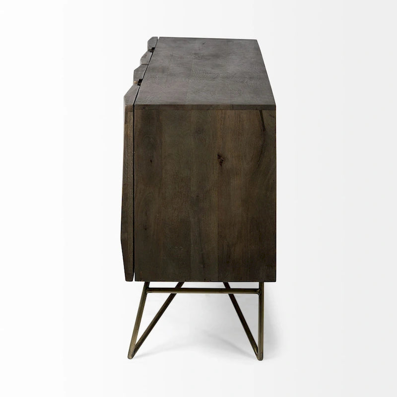 Bahut en bois massif marron 4 portes, pieds en métal doré – 203,5 cm (L) x 44 cm (l) x 76 cm (H)