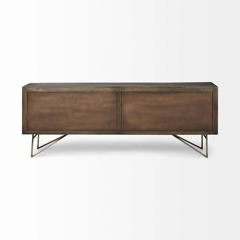 Bahut en bois massif marron 4 portes, pieds en métal doré – 203,5 cm (L) x 44 cm (l) x 76 cm (H)