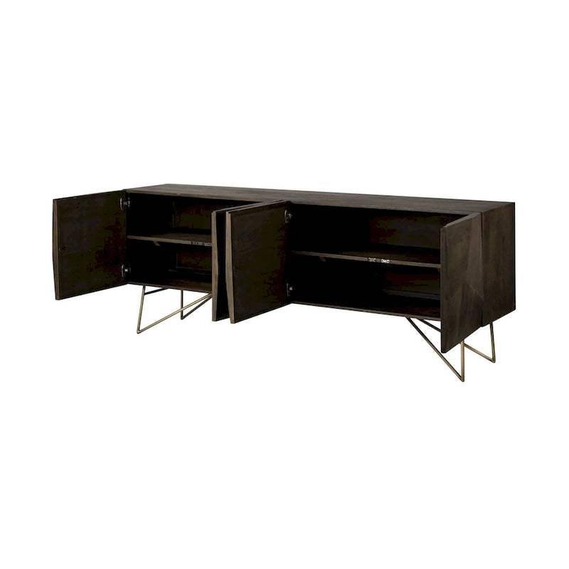 Bahut en bois massif marron 4 portes, pieds en métal doré – 203,5 cm (L) x 44 cm (l) x 76 cm (H)