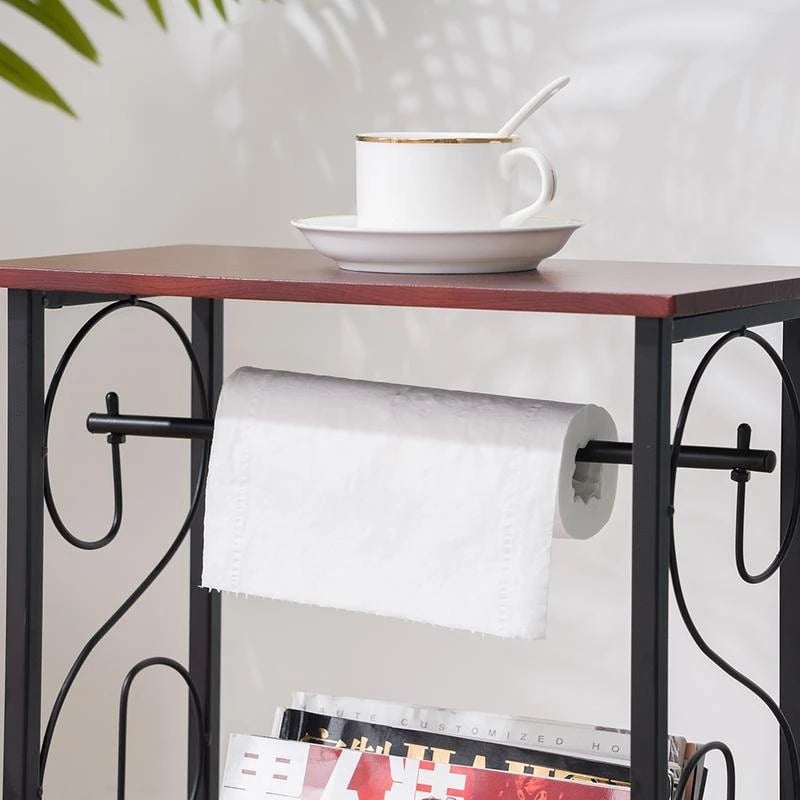 Table d'appoint de salle de bain en métal marron avec porte-revues, motif volutes