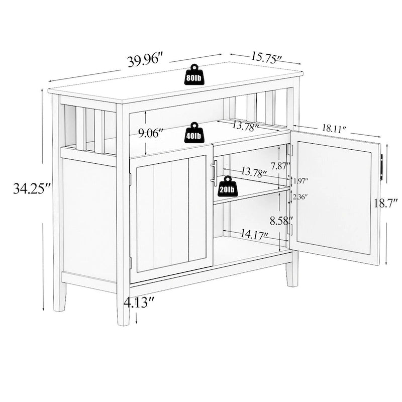 Meuble de cuisine à 2 portes Blanc/Marron, simple, 101,6 cm (40 po) L × 40,6 cm (16 po) P × 86,4 cm (34 po) H