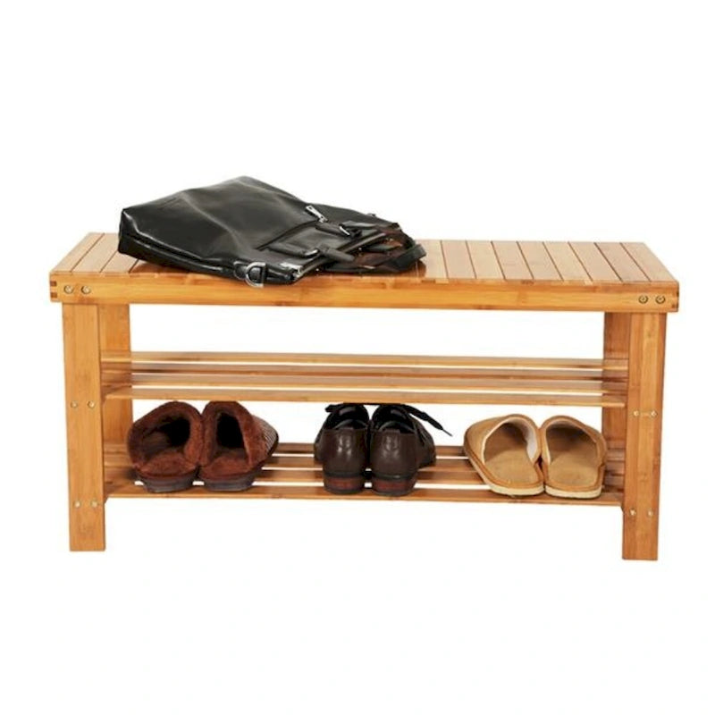 Meuble à chaussures/banc 3 niveaux en bambou marron, style à lattes, 1 à 2 personnes