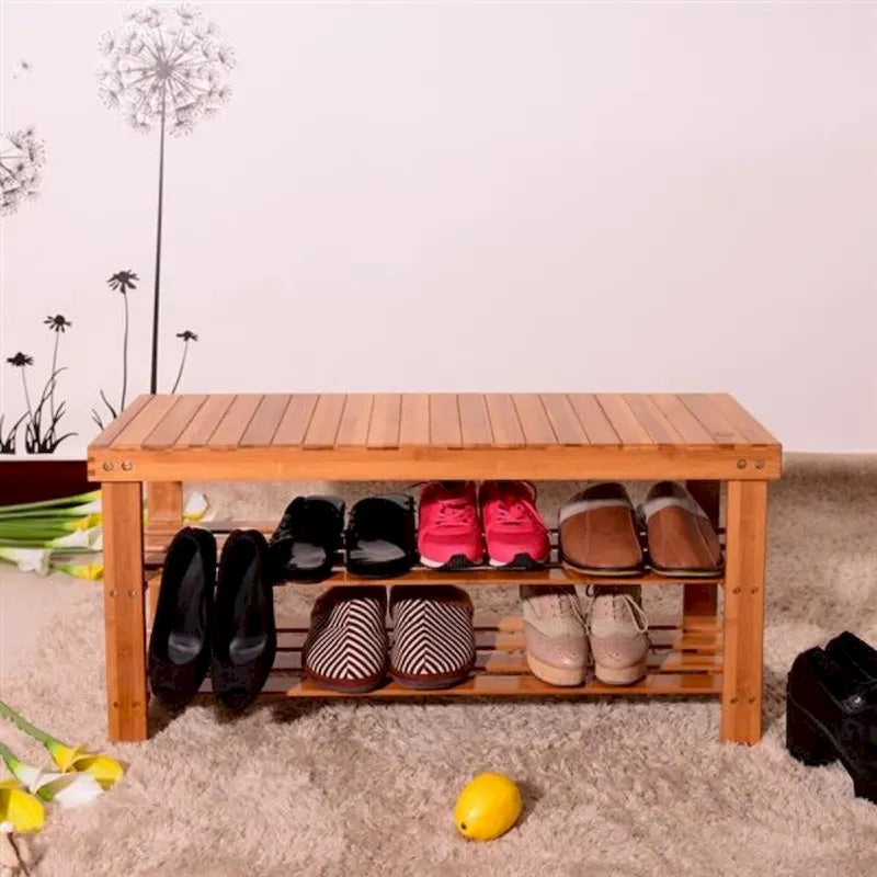 Meuble à chaussures/banc 3 niveaux en bambou marron, style à lattes, 1 à 2 personnes