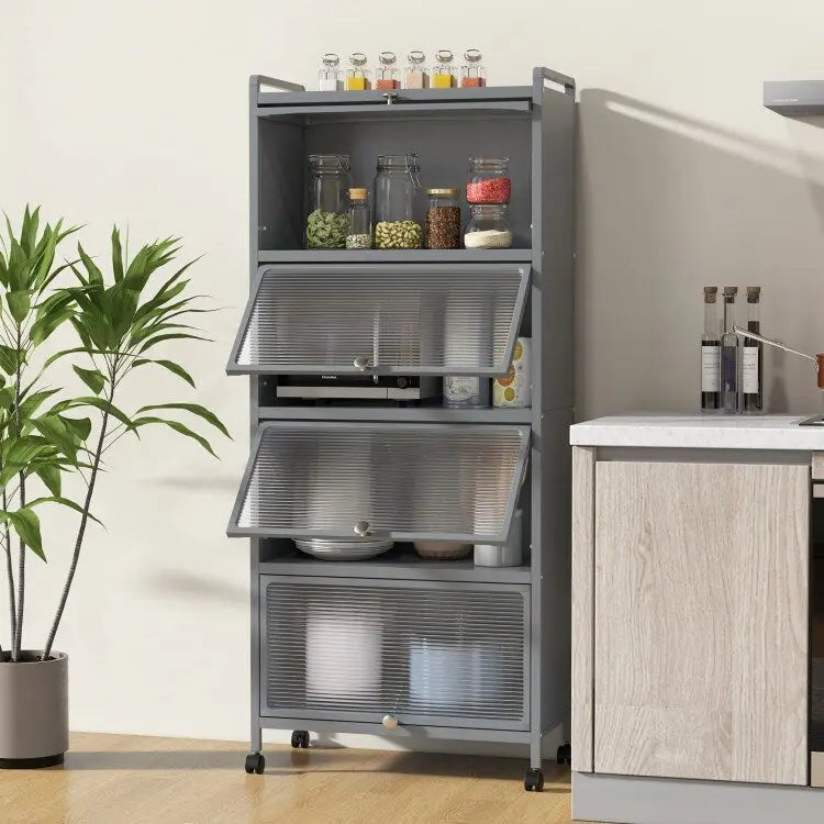 Étagère de cuisine roulante noire à 5 niveaux avec portes PC relevables, montage par une seule personne