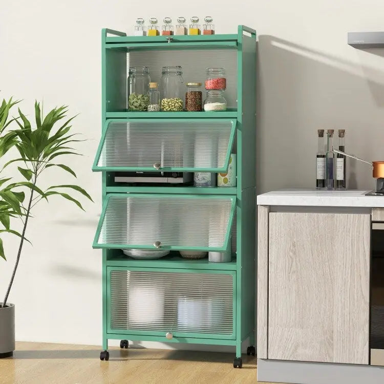 Étagère de cuisine roulante noire à 5 niveaux avec portes PC relevables, montage par une seule personne