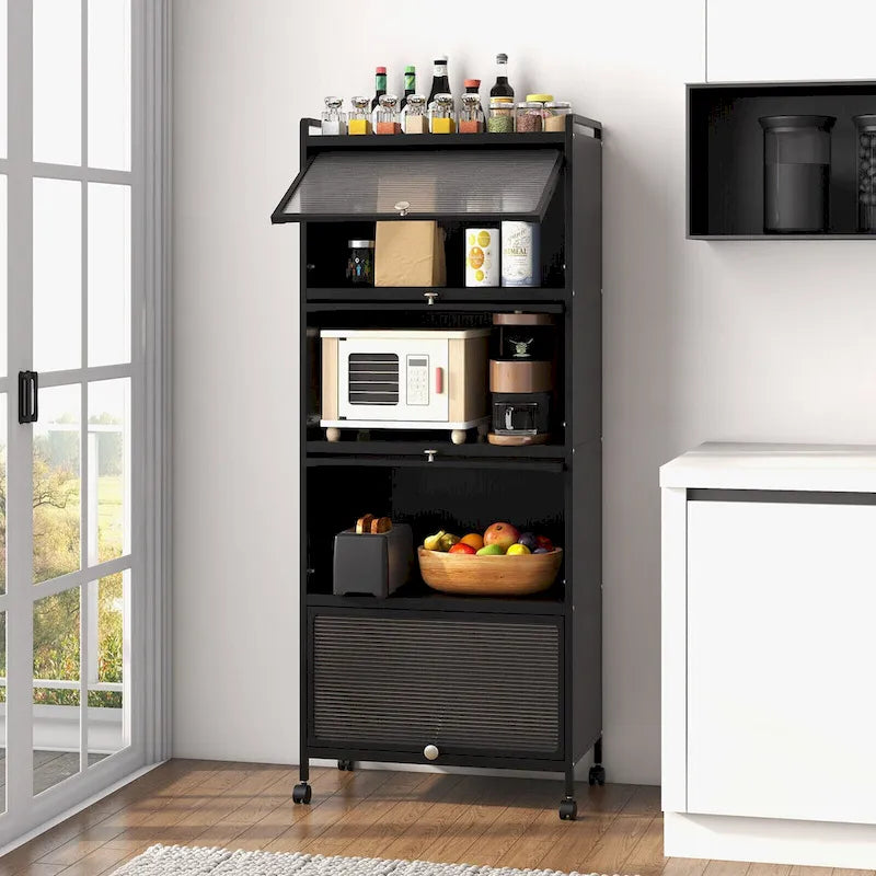 Étagère de cuisine roulante noire à 5 niveaux avec portes PC relevables, montage par une seule personne