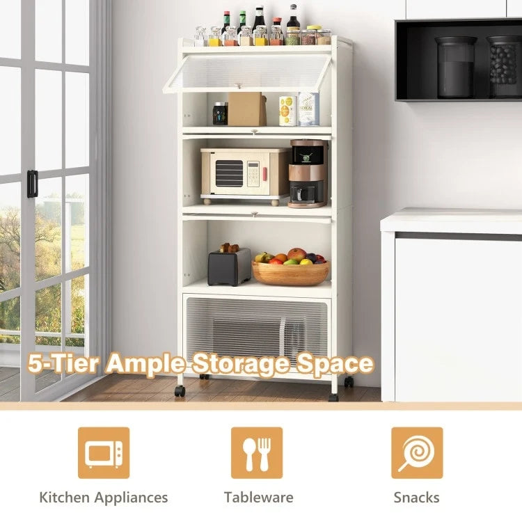 Étagère de cuisine roulante noire à 5 niveaux avec portes PC relevables, montage par une seule personne
