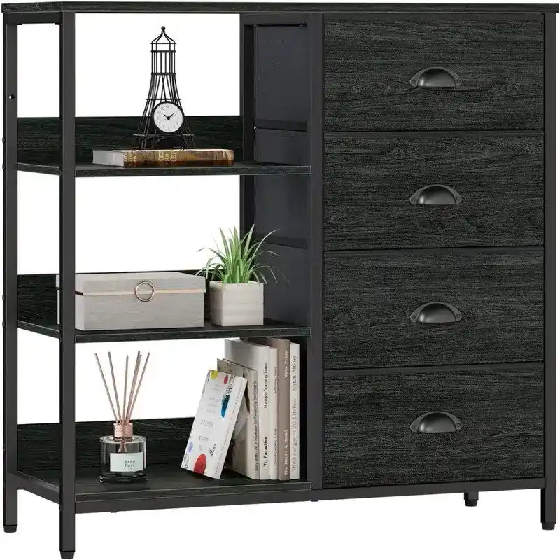 Commode 4 tiroirs et étagère latérale 3 niveaux Blanche / Marron rustique / Noire – Convient à 1 personne