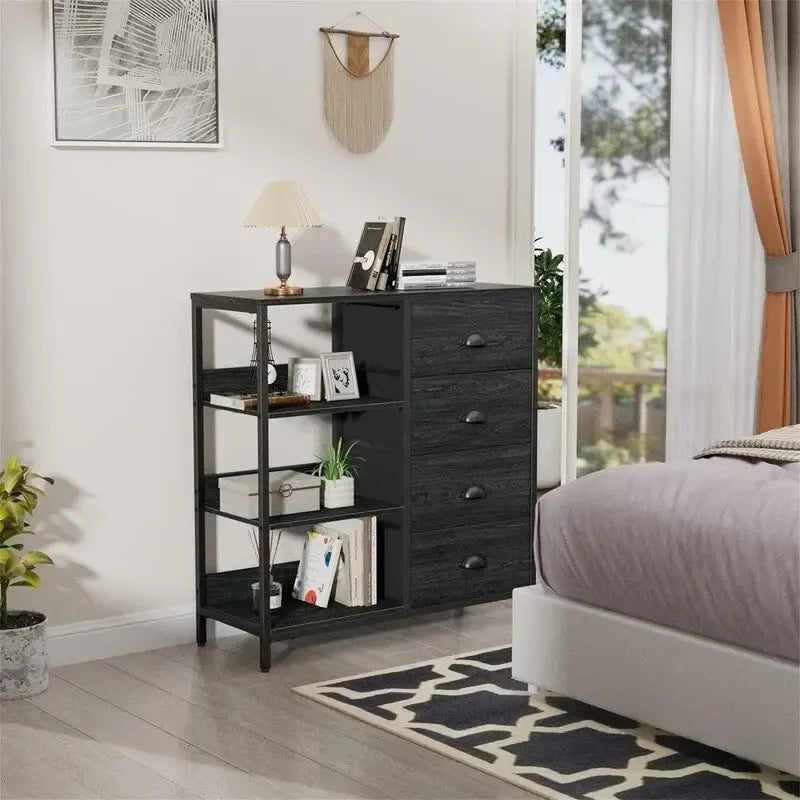 Commode 4 tiroirs et étagère latérale 3 niveaux Blanche / Marron rustique / Noire – Convient à 1 personne
