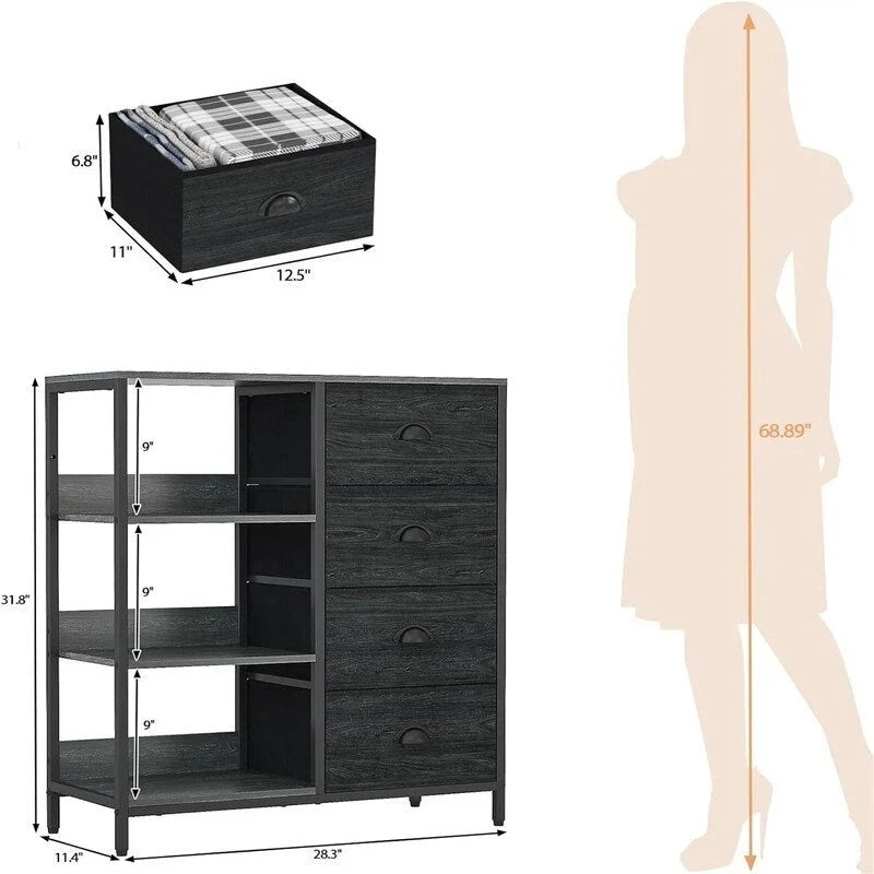 Commode 4 tiroirs et étagère latérale 3 niveaux Blanche / Marron rustique / Noire – Convient à 1 personne