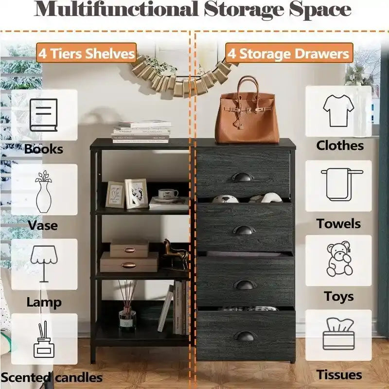 Commode 4 tiroirs et étagère latérale 3 niveaux Blanche / Marron rustique / Noire – Convient à 1 personne