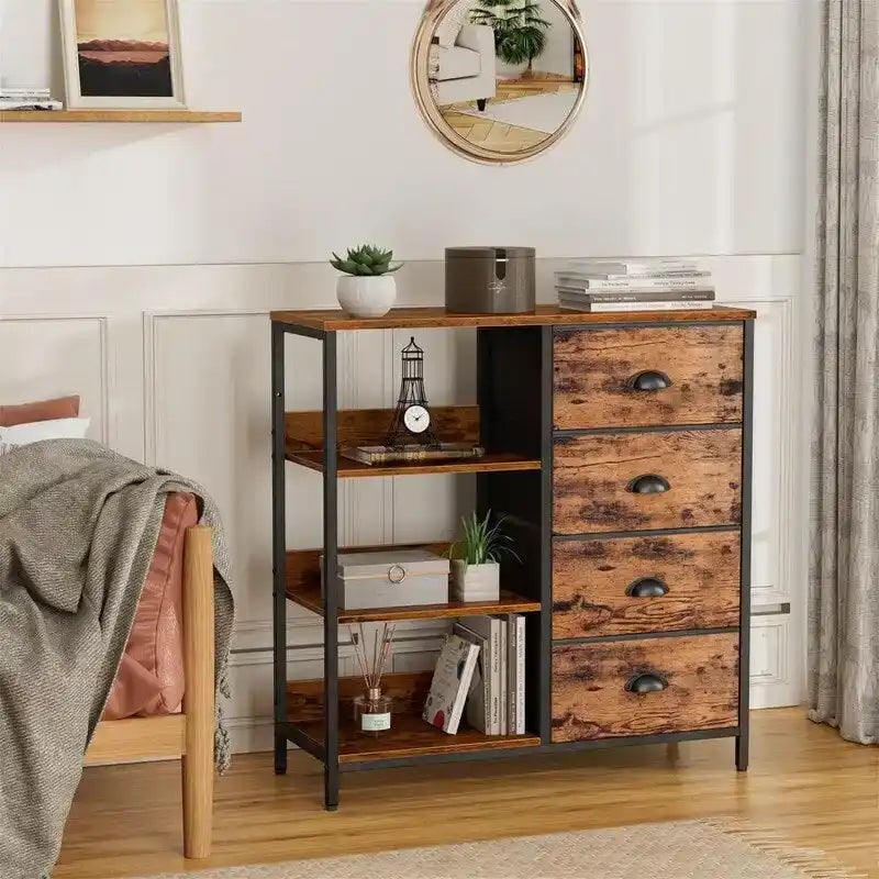 Commode 4 tiroirs et étagère latérale 3 niveaux Blanche / Marron rustique / Noire – Convient à 1 personne