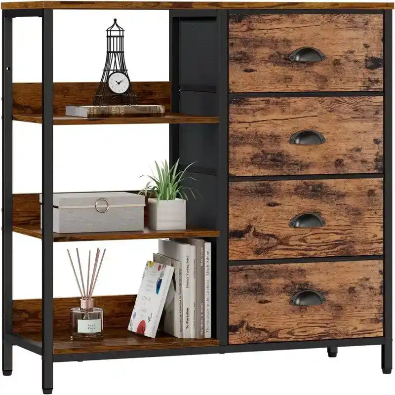 Commode 4 tiroirs et étagère latérale 3 niveaux Blanche / Marron rustique / Noire – Convient à 1 personne