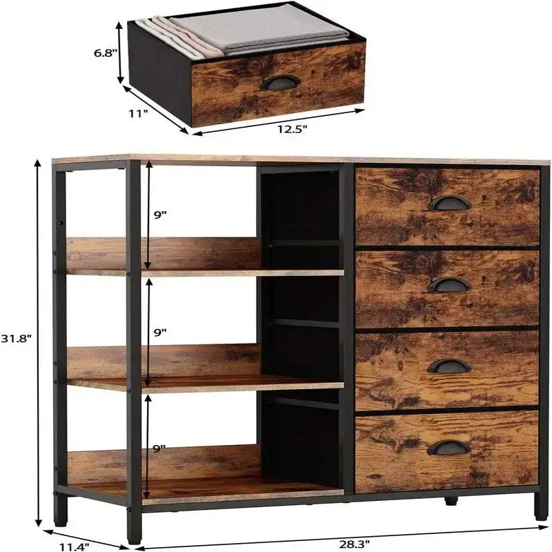 Commode 4 tiroirs et étagère latérale 3 niveaux Blanche / Marron rustique / Noire – Convient à 1 personne