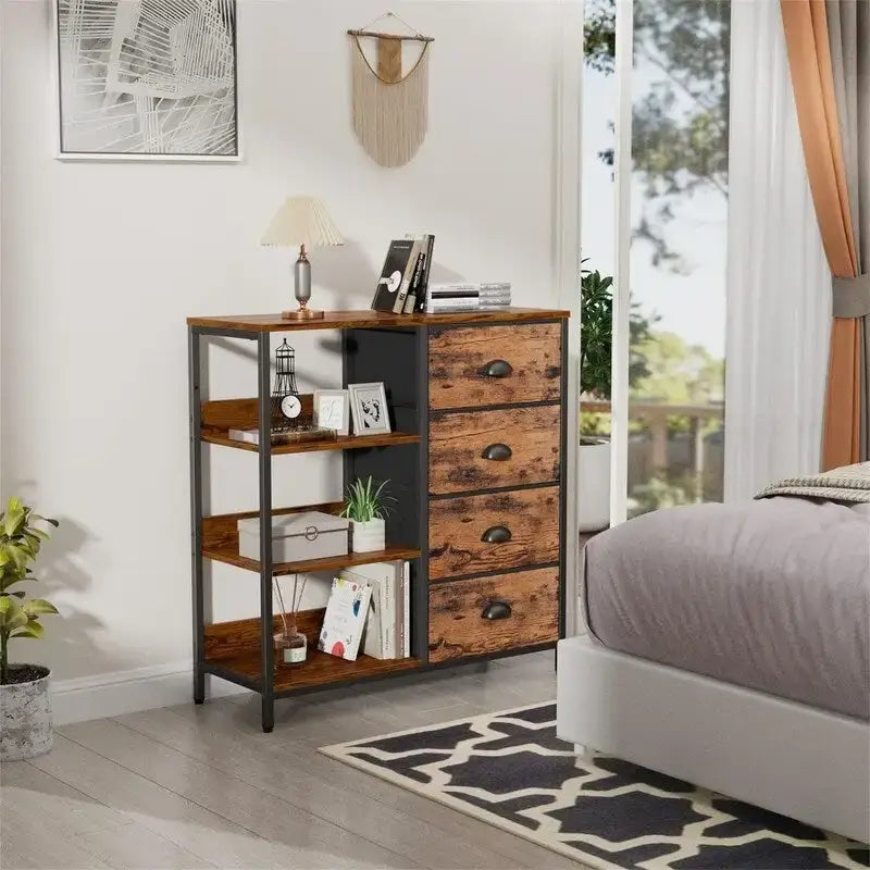 Commode 4 tiroirs et étagère latérale 3 niveaux Blanche / Marron rustique / Noire – Convient à 1 personne