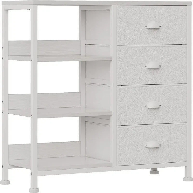 Commode 4 tiroirs et étagère latérale 3 niveaux Blanche / Marron rustique / Noire – Convient à 1 personne