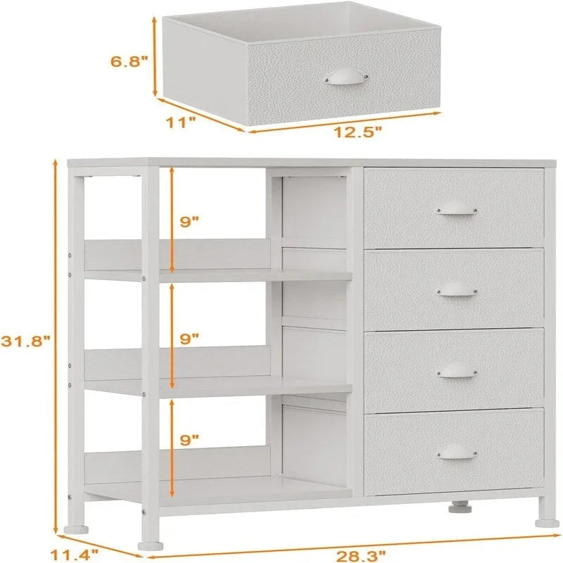 Commode 4 tiroirs et étagère latérale 3 niveaux Blanche / Marron rustique / Noire – Convient à 1 personne
