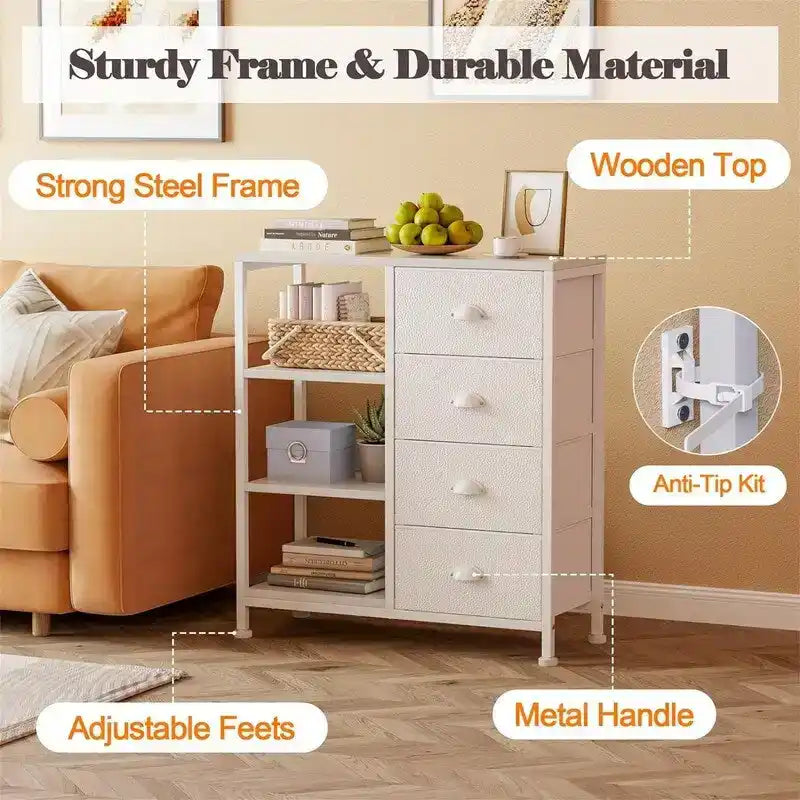 Commode 4 tiroirs et étagère latérale 3 niveaux Blanche / Marron rustique / Noire – Convient à 1 personne
