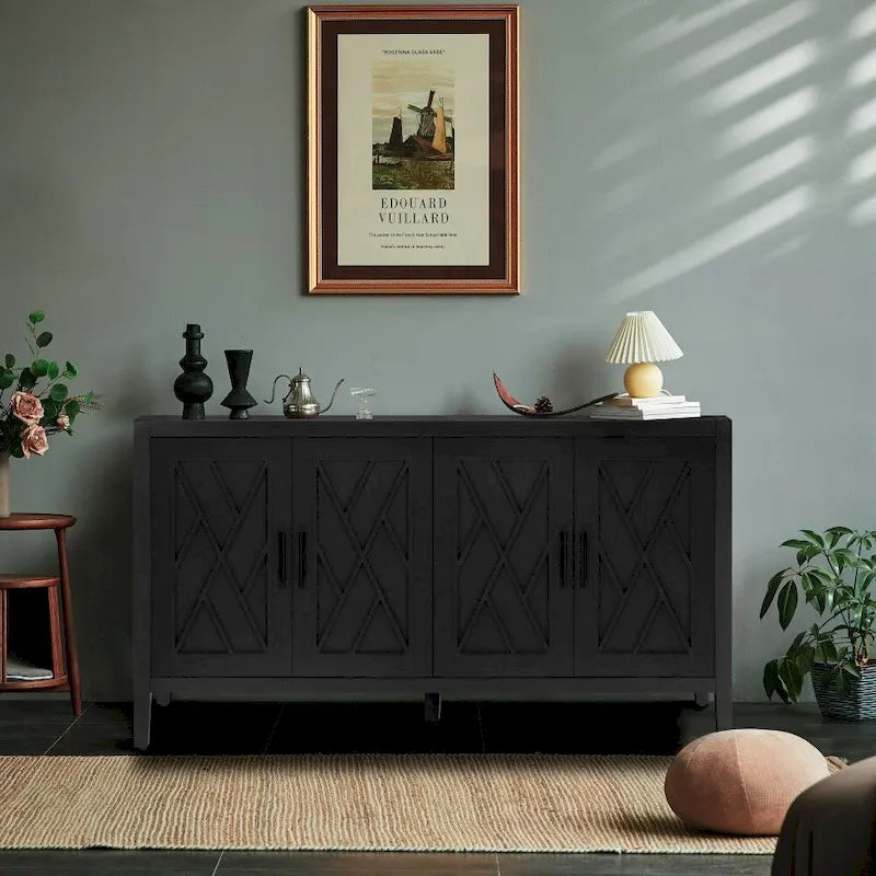 Buffet vintage 4 portes noir + noyer foncé / gris antique