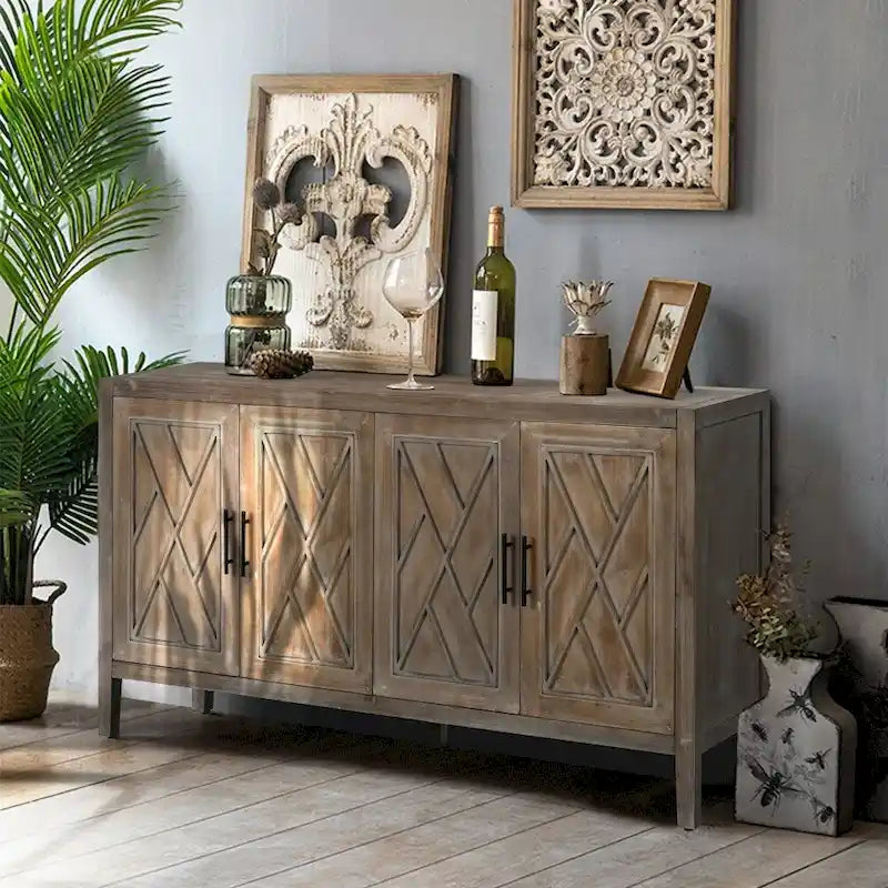 Buffet vintage 4 portes noir + noyer foncé / gris antique