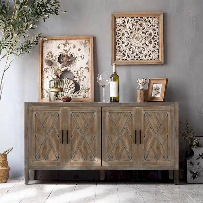 Buffet vintage 4 portes noir + noyer foncé / gris antique