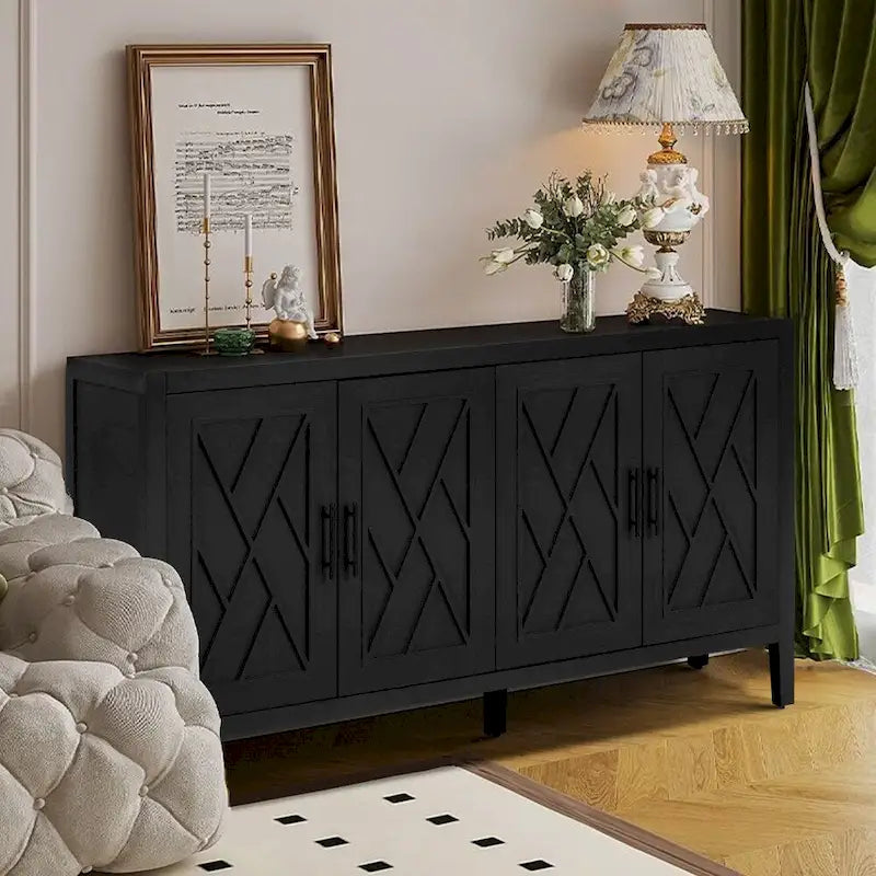 Buffet vintage 4 portes noir + noyer foncé / gris antique