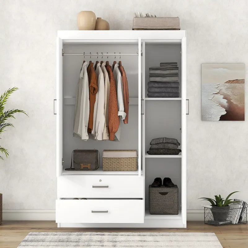 Armoire 3 portes blanc/gris avec tiroirs et étagères – À assembler par 2 personnes