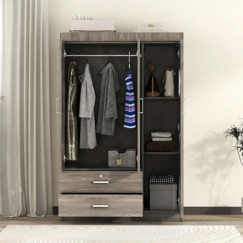 Armoire 3 portes blanc/gris avec tiroirs et étagères – À assembler par 2 personnes