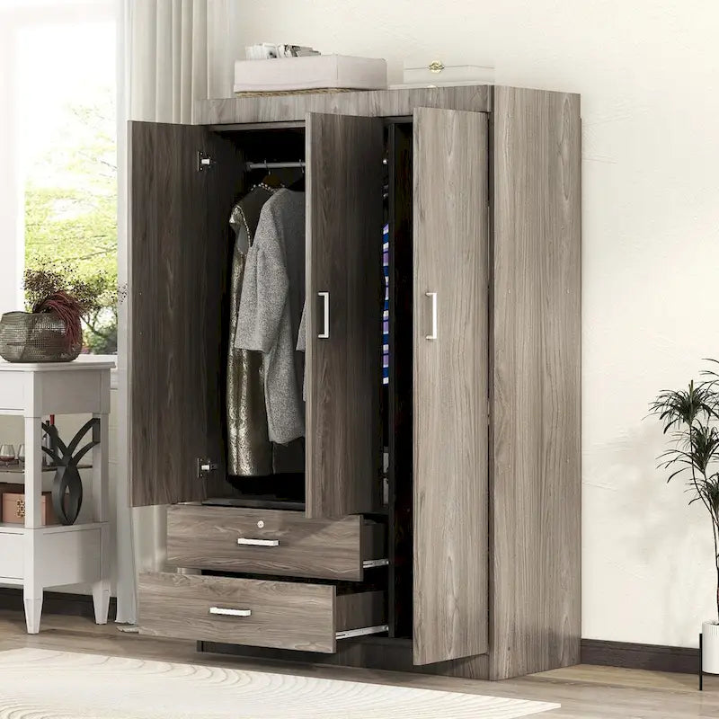 Armoire 3 portes blanc/gris avec tiroirs et étagères – À assembler par 2 personnes