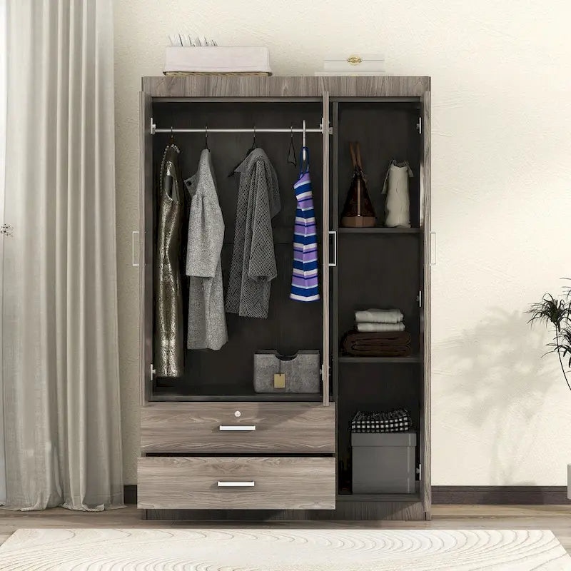 Armoire 3 portes blanc/gris avec tiroirs et étagères – À assembler par 2 personnes